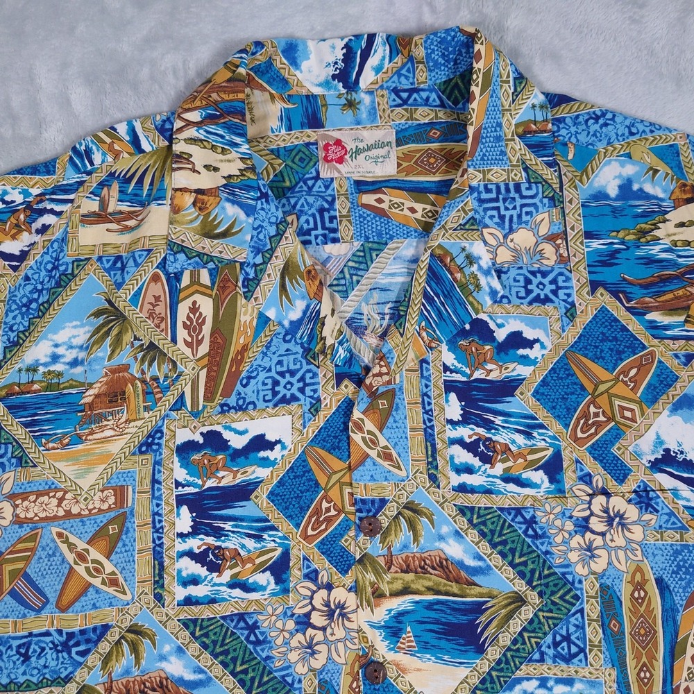 Hilo Hattie Hawaiian Camp Shirt Men 2XL Surfing Turtles Print S/S Made In Hawaii